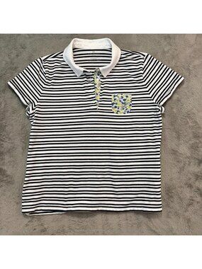 Talbots Black White Striped Floral Pocket Polo Shirt XLP XL Petite